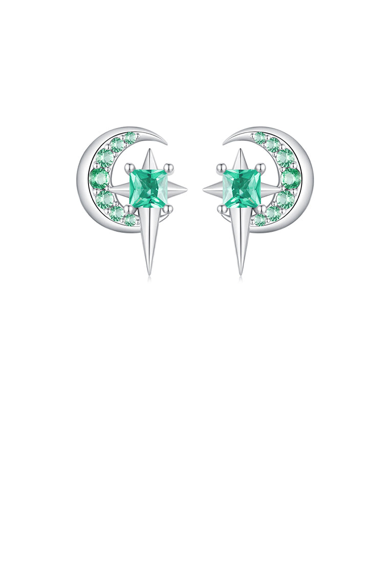 925 Sterling Silver Fashion Simple Star Moon Stud Earrings with Green Cubic Zirconia - Luxurious Look