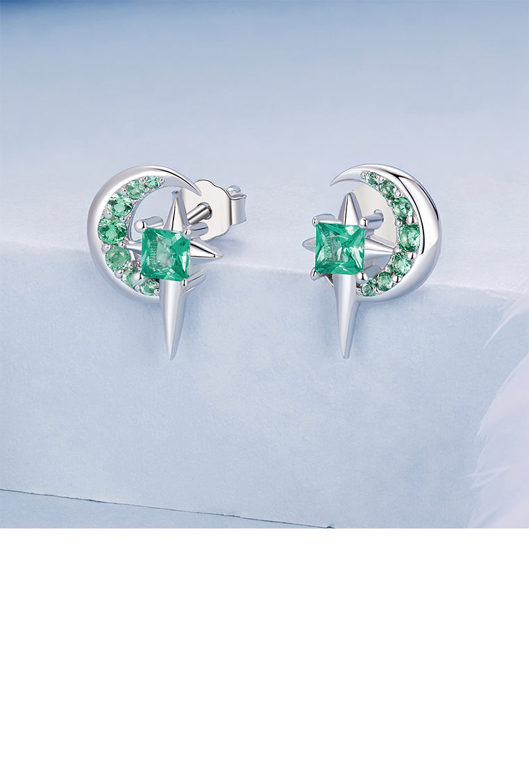 925 Sterling Silver Fashion Simple Star Moon Stud Earrings with Green Cubic Zirconia - Luxurious Look