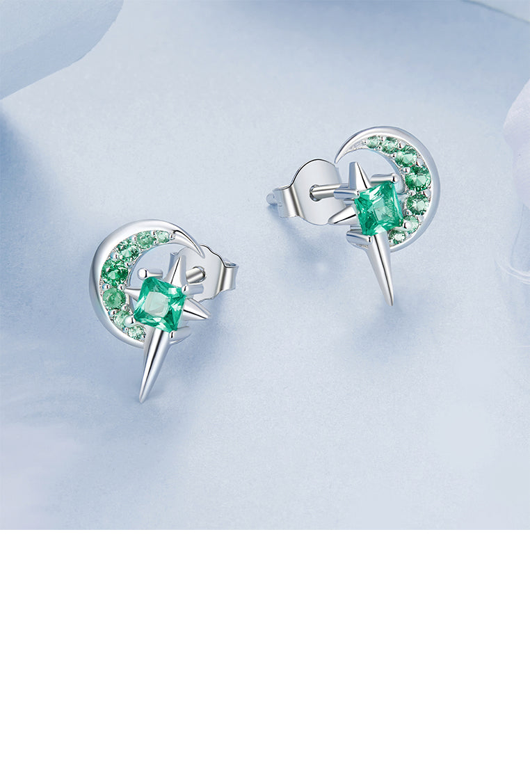 925 Sterling Silver Fashion Simple Star Moon Stud Earrings with Green Cubic Zirconia - Luxurious Look