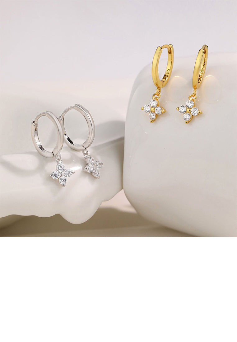 925 Sterling Silver Plated Gold Simple Fashion Four-Leafed Clover Earrings with Cubic Zirconia - Luxurious Look