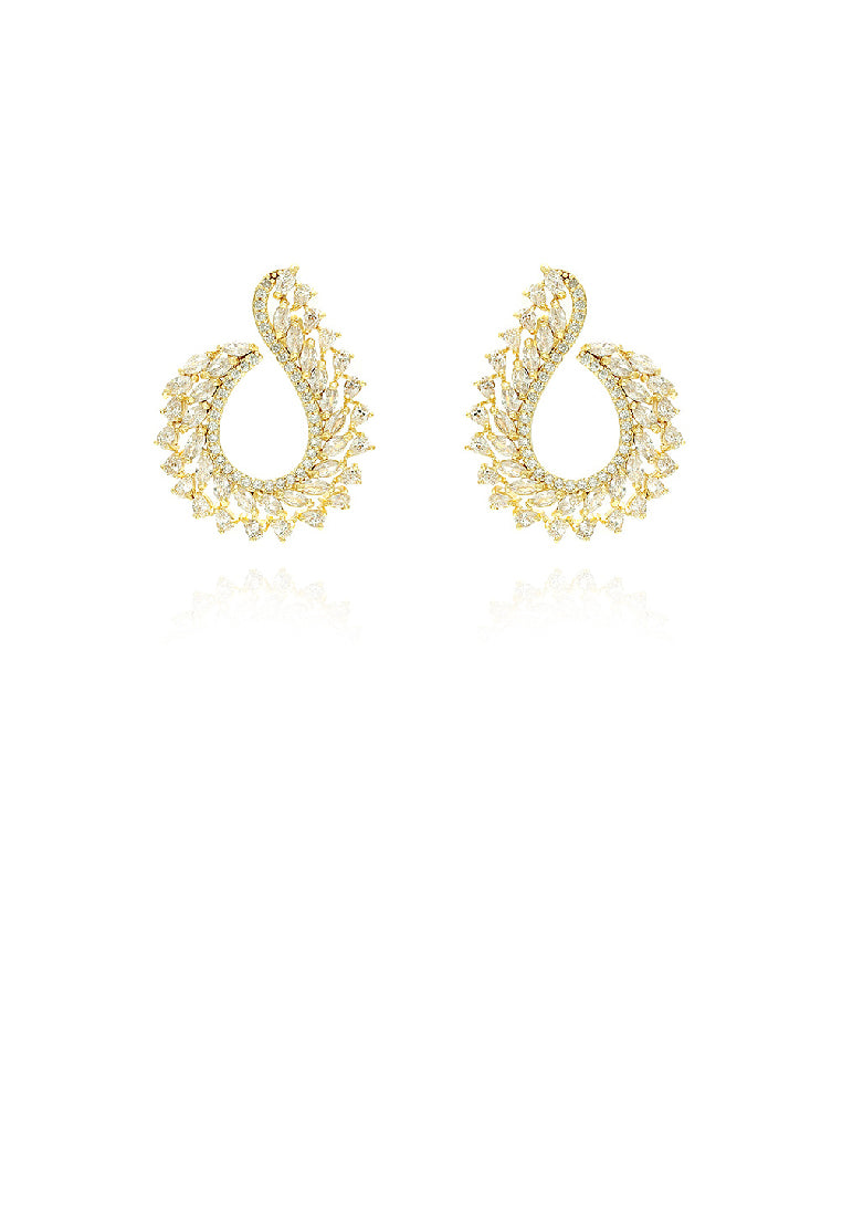Elegant Temperament Plated Gold Hollow Water Drop-shaped Stud Earrings with White Cubic Zirconia - Luxurious Look