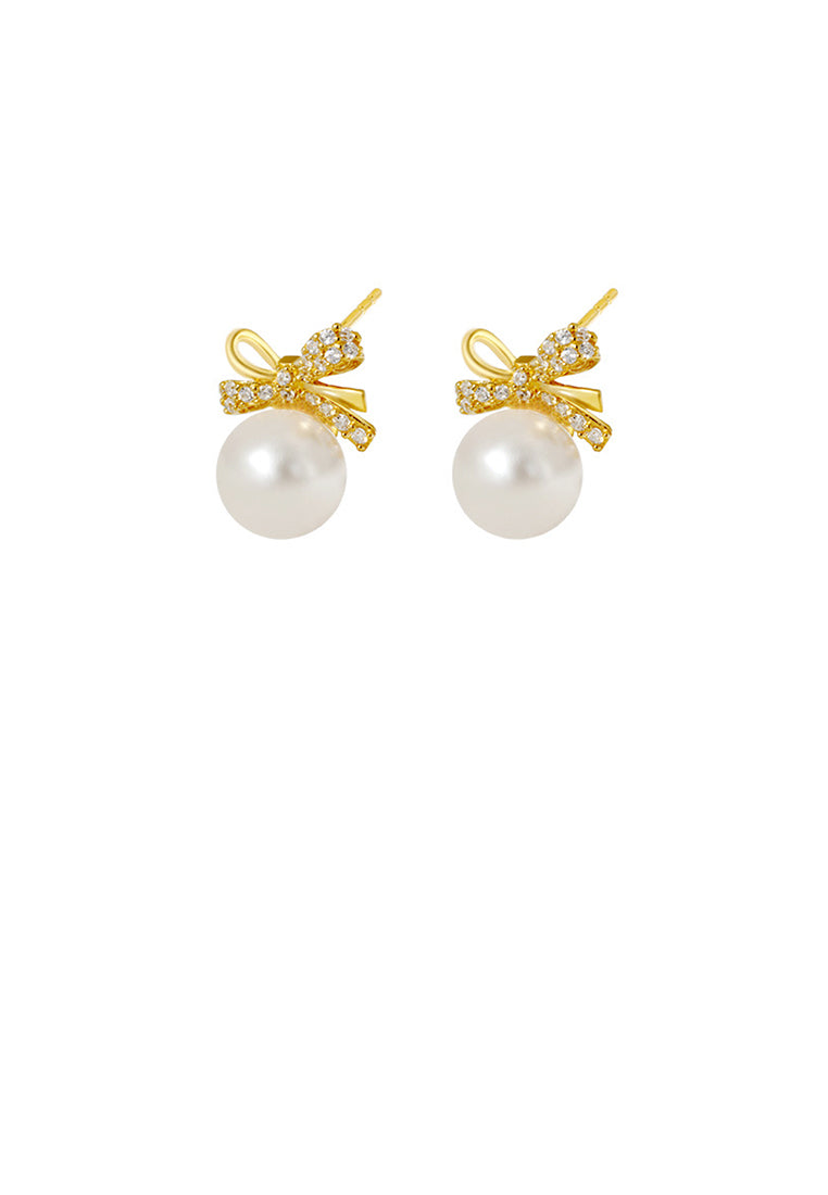 925 Sterling Silver Plated Gold Elegant Sweet Ribbon Imitation Pearl Stud Earrings with Cubic Zirconia - Luxurious Look