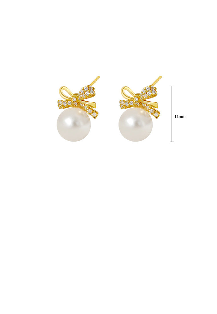 925 Sterling Silver Plated Gold Elegant Sweet Ribbon Imitation Pearl Stud Earrings with Cubic Zirconia - Luxurious Look