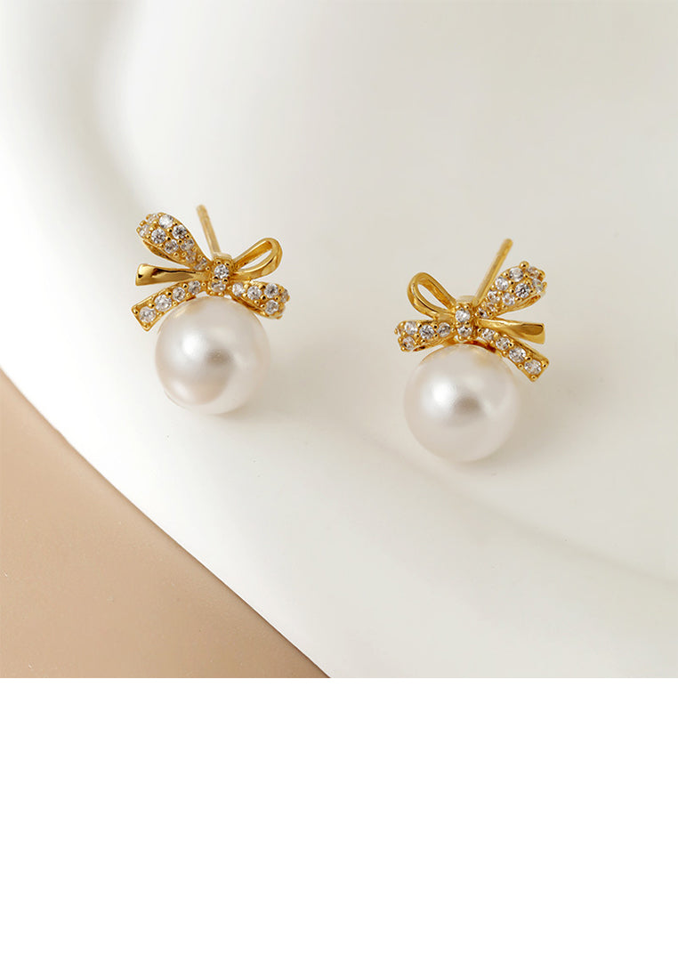925 Sterling Silver Plated Gold Elegant Sweet Ribbon Imitation Pearl Stud Earrings with Cubic Zirconia - Luxurious Look