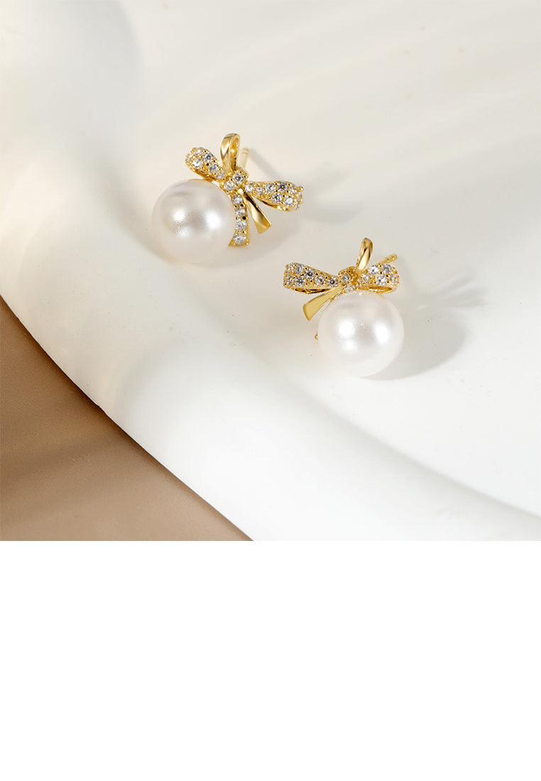 925 Sterling Silver Plated Gold Elegant Sweet Ribbon Imitation Pearl Stud Earrings with Cubic Zirconia - Luxurious Look