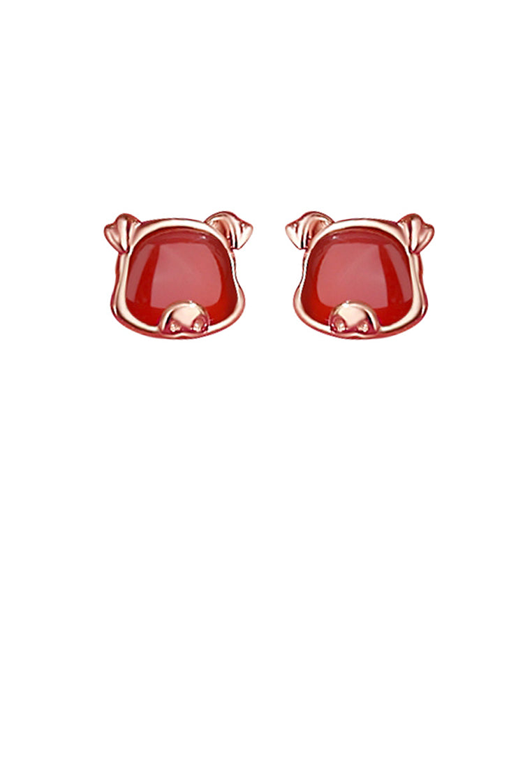 925 Sterling Silver Plated Rose Gold Simple and Cute Twelve Zodiac Pig Imitation Agate Stud Earrings