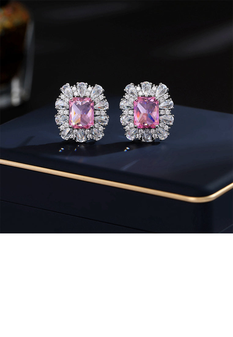 Fashion Simple Pink Geometric Square Stud Earrings with Cubic Zirconia - Luxurious Look - Vibrant Color
