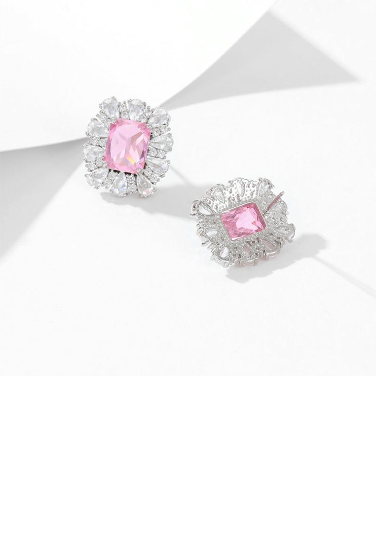 Fashion Simple Pink Geometric Square Stud Earrings with Cubic Zirconia - Luxurious Look - Vibrant Color