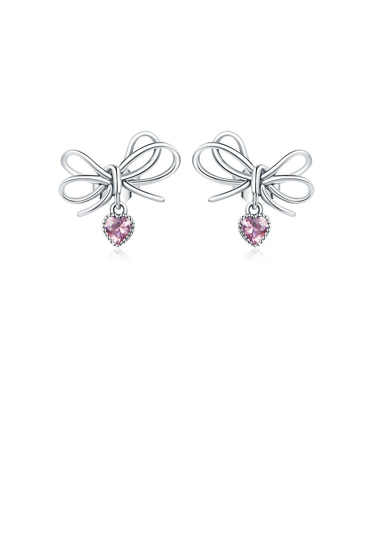 925 Silver Silver Sweet and Fashion Ribbon Heart Stud Earrings with Cubic Zirconia - Luxurious Look