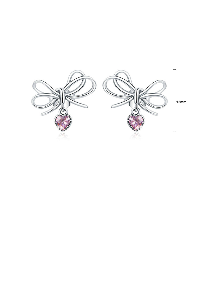 925 Silver Silver Sweet and Fashion Ribbon Heart Stud Earrings with Cubic Zirconia - Luxurious Look