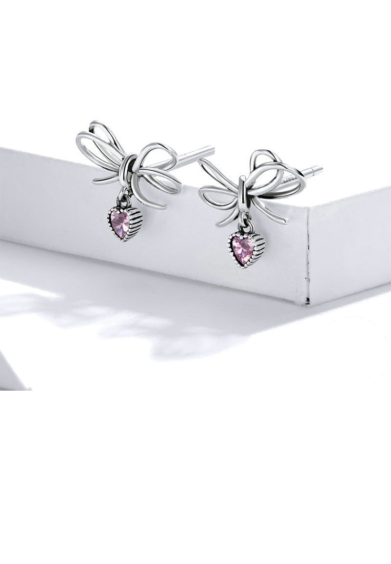 925 Silver Silver Sweet and Fashion Ribbon Heart Stud Earrings with Cubic Zirconia - Luxurious Look