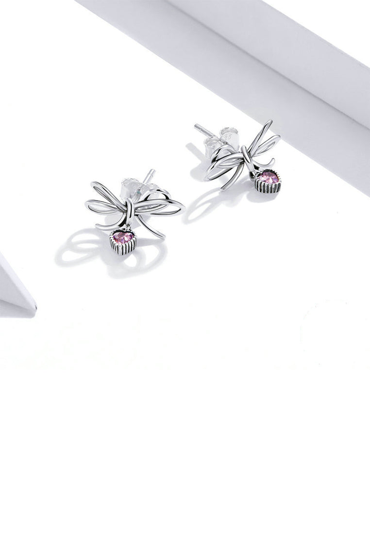 925 Silver Silver Sweet and Fashion Ribbon Heart Stud Earrings with Cubic Zirconia - Luxurious Look