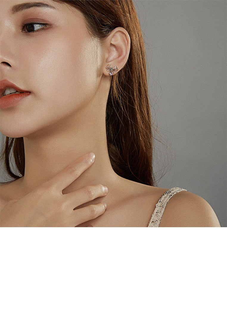 925 Silver Silver Sweet and Fashion Ribbon Heart Stud Earrings with Cubic Zirconia - Luxurious Look