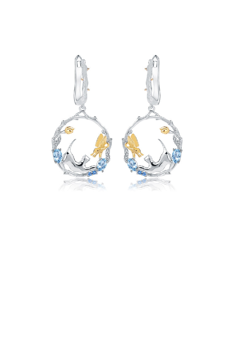 925 Sterling Silver Fashion Creative Cat Gold Butterfly Nature Geometric Earrings with Blue Topaz