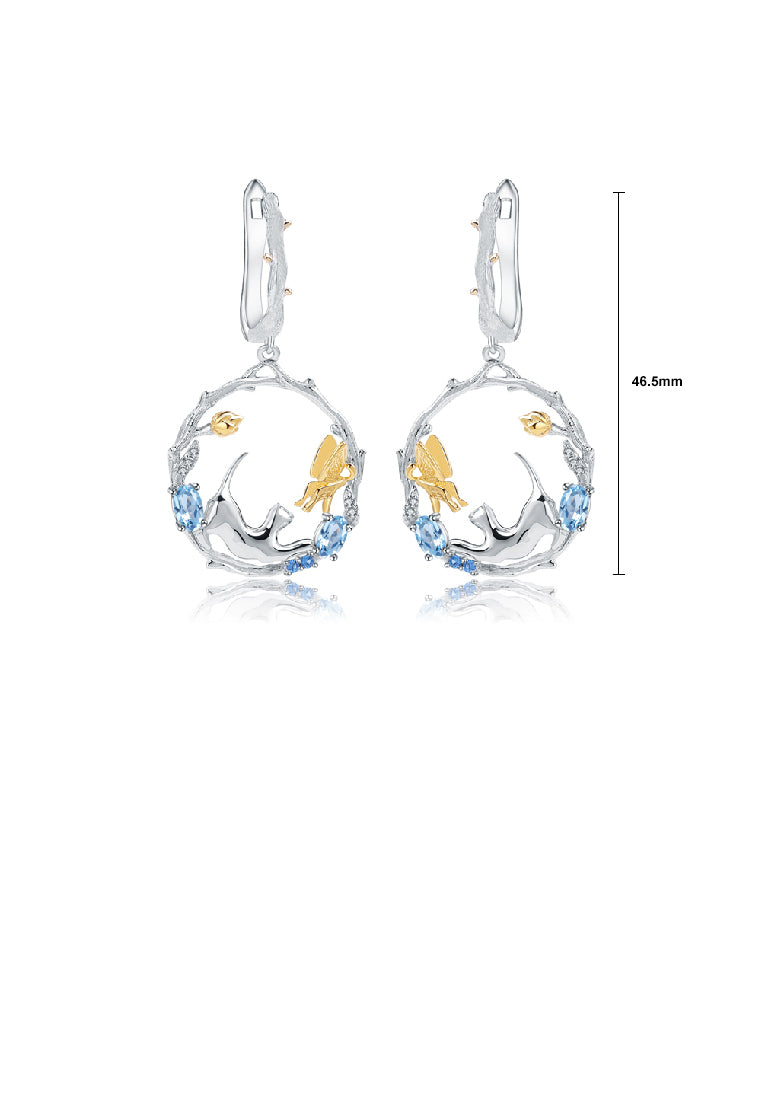925 Sterling Silver Fashion Creative Cat Gold Butterfly Nature Geometric Earrings with Blue Topaz