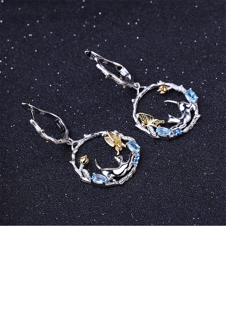 925 Sterling Silver Fashion Creative Cat Gold Butterfly Nature Geometric Earrings with Blue Topaz