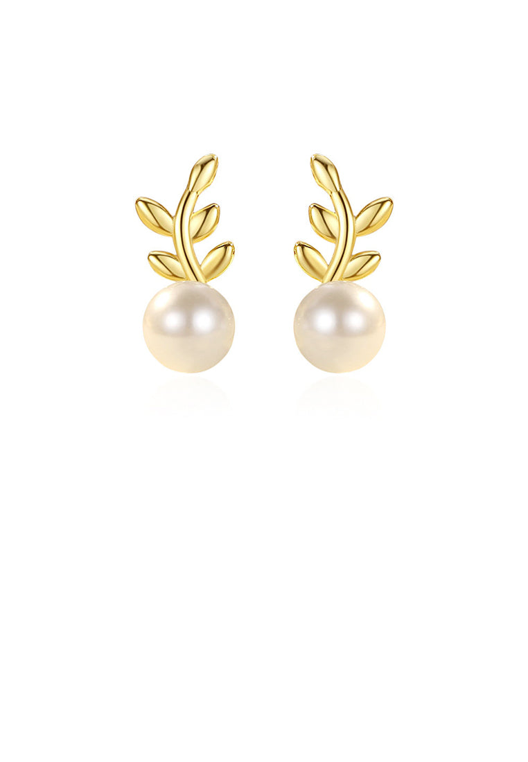 925 Sterling Silver Plated Gold Simple Fashion Leaf Imitation Pearl Stud Earrings - Luxurious Look