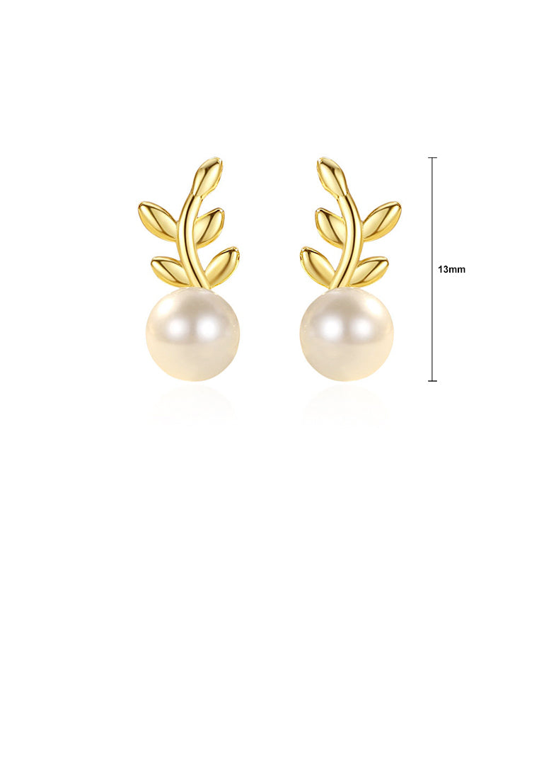 925 Sterling Silver Plated Gold Simple Fashion Leaf Imitation Pearl Stud Earrings - Luxurious Look