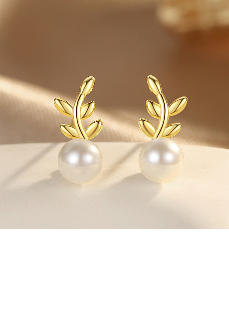 925 Sterling Silver Plated Gold Simple Fashion Leaf Imitation Pearl Stud Earrings - Luxurious Look