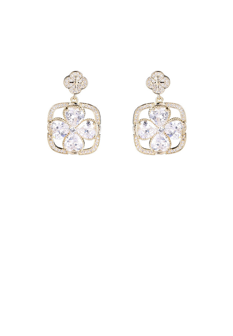 Fashion and Simple Plated Gold Four-leafed Clover Hollow Geometric Earrings with Cubic Zirconia - Luxurious Look