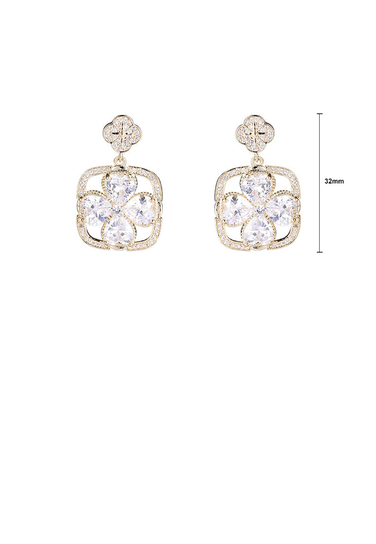 Fashion and Simple Plated Gold Four-leafed Clover Hollow Geometric Earrings with Cubic Zirconia - Luxurious Look