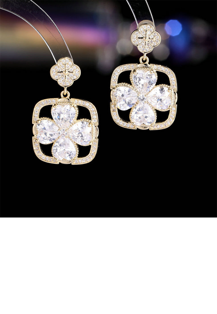 Fashion and Simple Plated Gold Four-leafed Clover Hollow Geometric Earrings with Cubic Zirconia - Luxurious Look