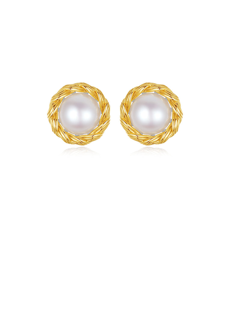 925 Sterling Silver Plated Gold Simple and Elegant Twist Geometric Freshwater Pearl Stud Earrings - Luxurious Look