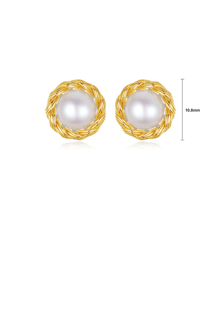 925 Sterling Silver Plated Gold Simple and Elegant Twist Geometric Freshwater Pearl Stud Earrings - Luxurious Look