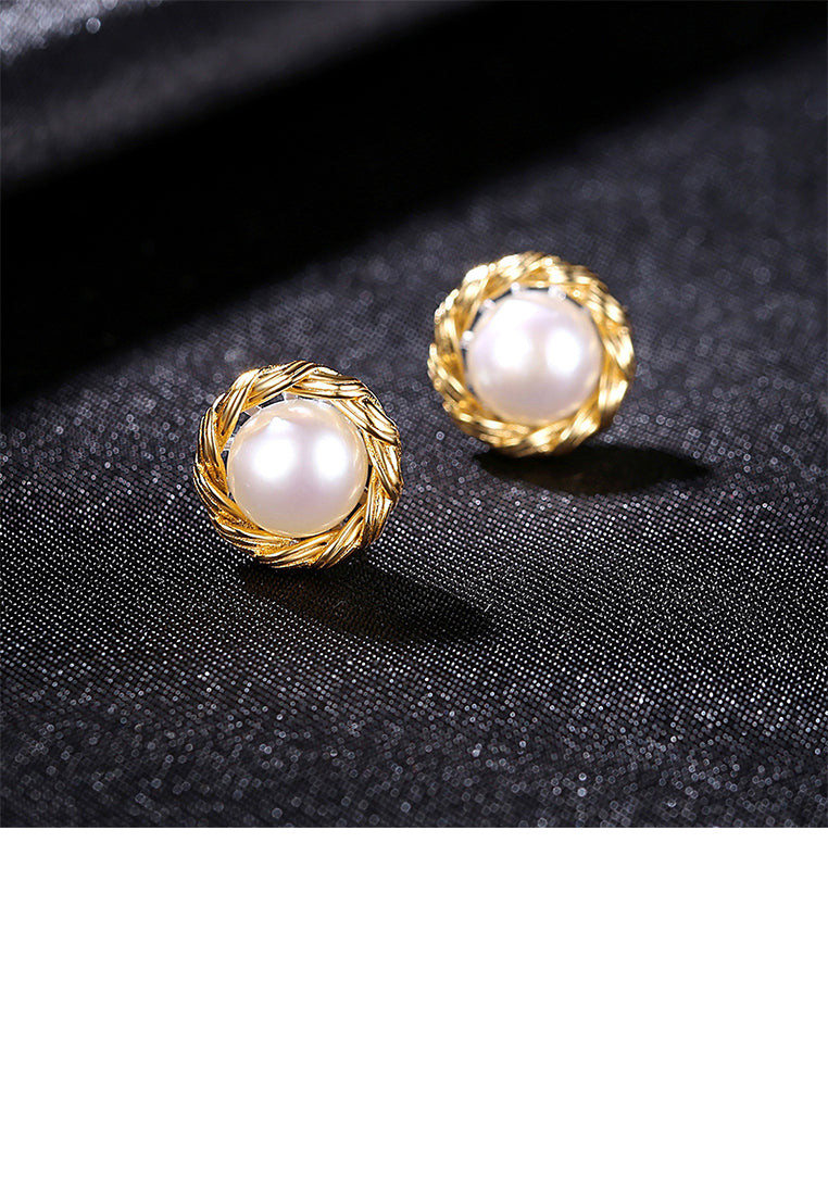 925 Sterling Silver Plated Gold Simple and Elegant Twist Geometric Freshwater Pearl Stud Earrings - Luxurious Look