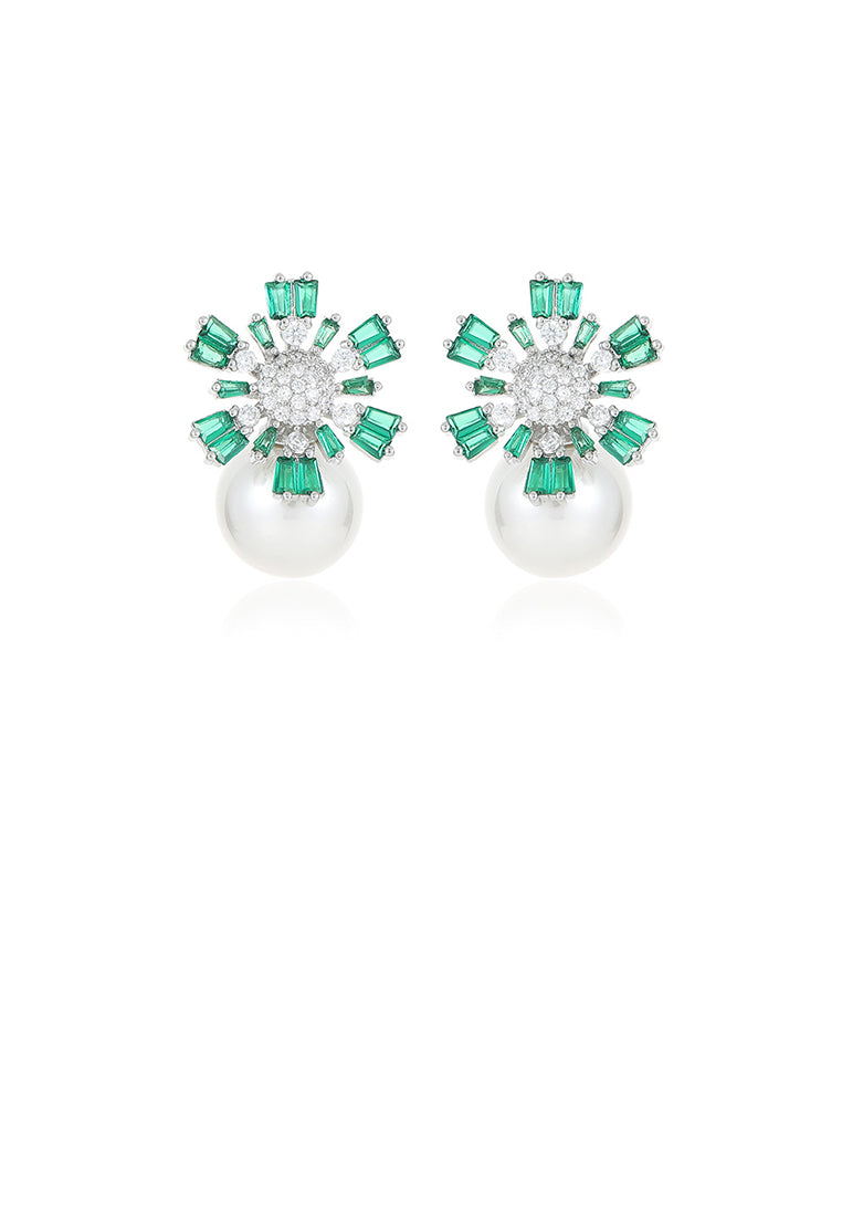 Fashion and Elegant Green Snowflake Imitation Pearl Stud Earrings with Cubic Zirconia - Luxurious Look