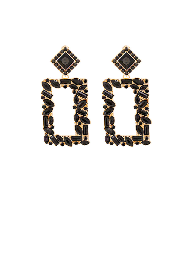 Fashion and Simple Plated Gold Hollow Rectangular Earrings with Black Cubic Zirconia - Luxurious Look