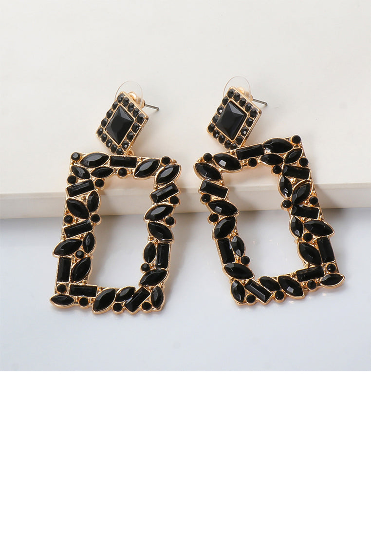 Fashion and Simple Plated Gold Hollow Rectangular Earrings with Black Cubic Zirconia - Luxurious Look