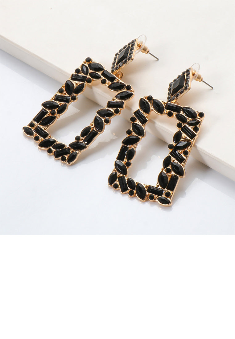 Fashion and Simple Plated Gold Hollow Rectangular Earrings with Black Cubic Zirconia - Luxurious Look