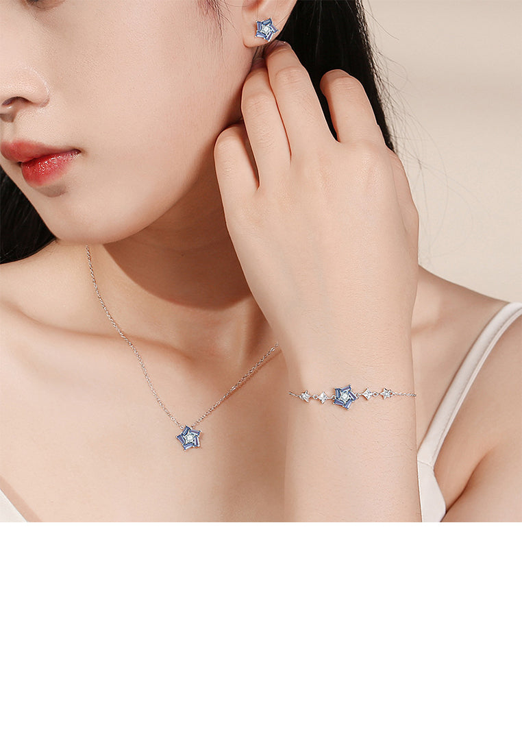 925 Sterling Silver Fashion Simple Star Stud Earrings with Blue Cubic Zirconia - Luxurious Look
