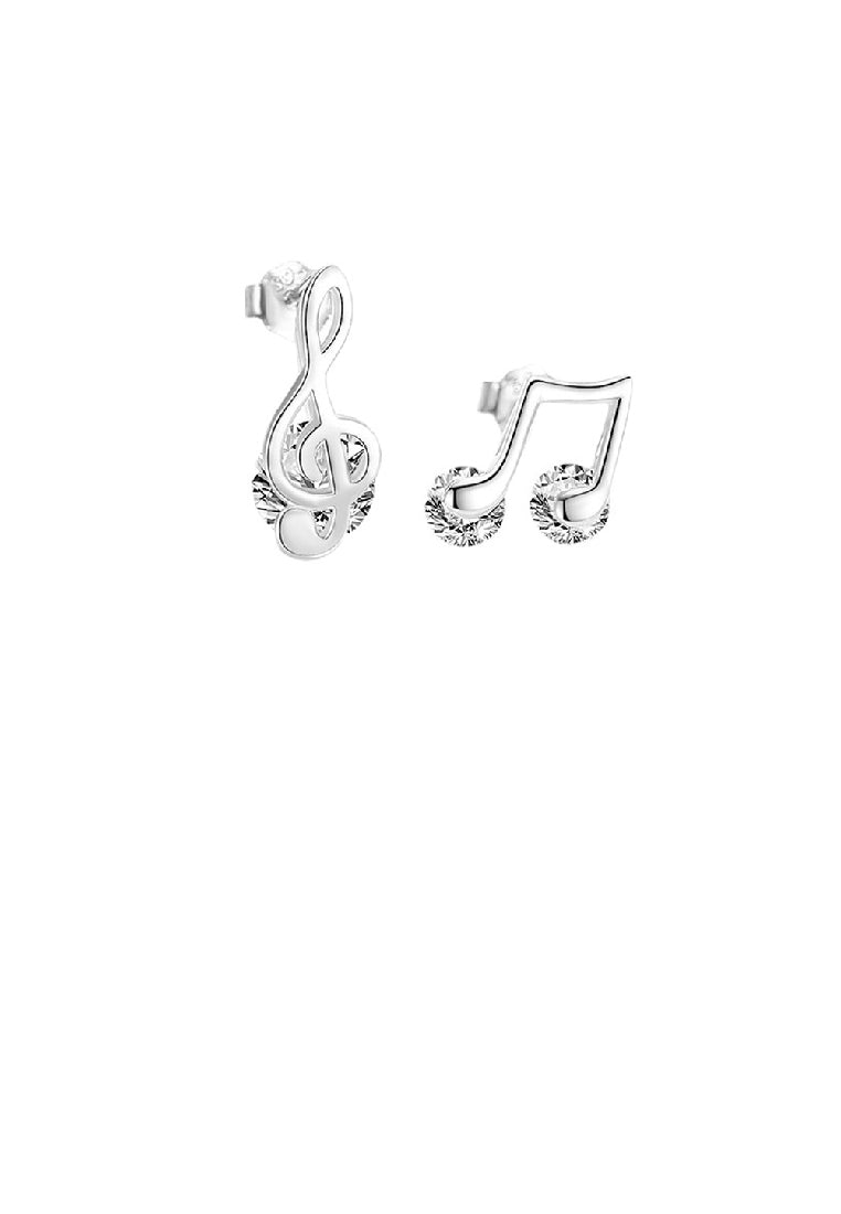 925 Sterling Silver Fashion Simple Musical Note Asymmetrical Stud Earrings with Cubic Zirconia - Luxurious Look