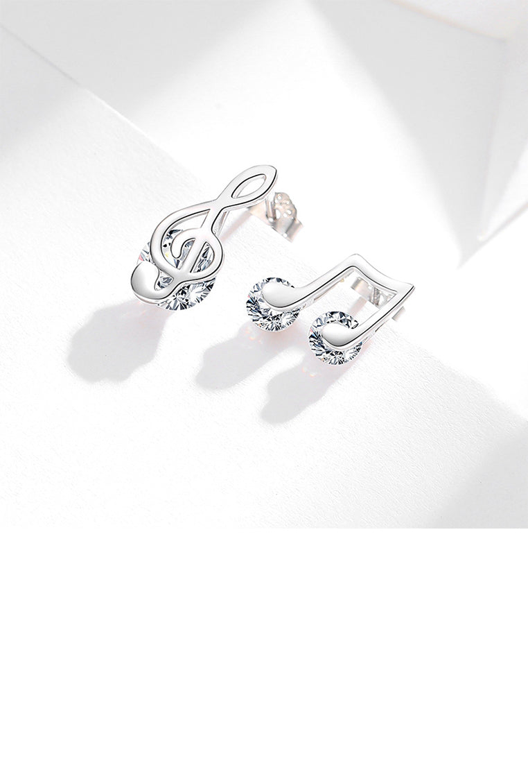 925 Sterling Silver Fashion Simple Musical Note Asymmetrical Stud Earrings with Cubic Zirconia - Luxurious Look
