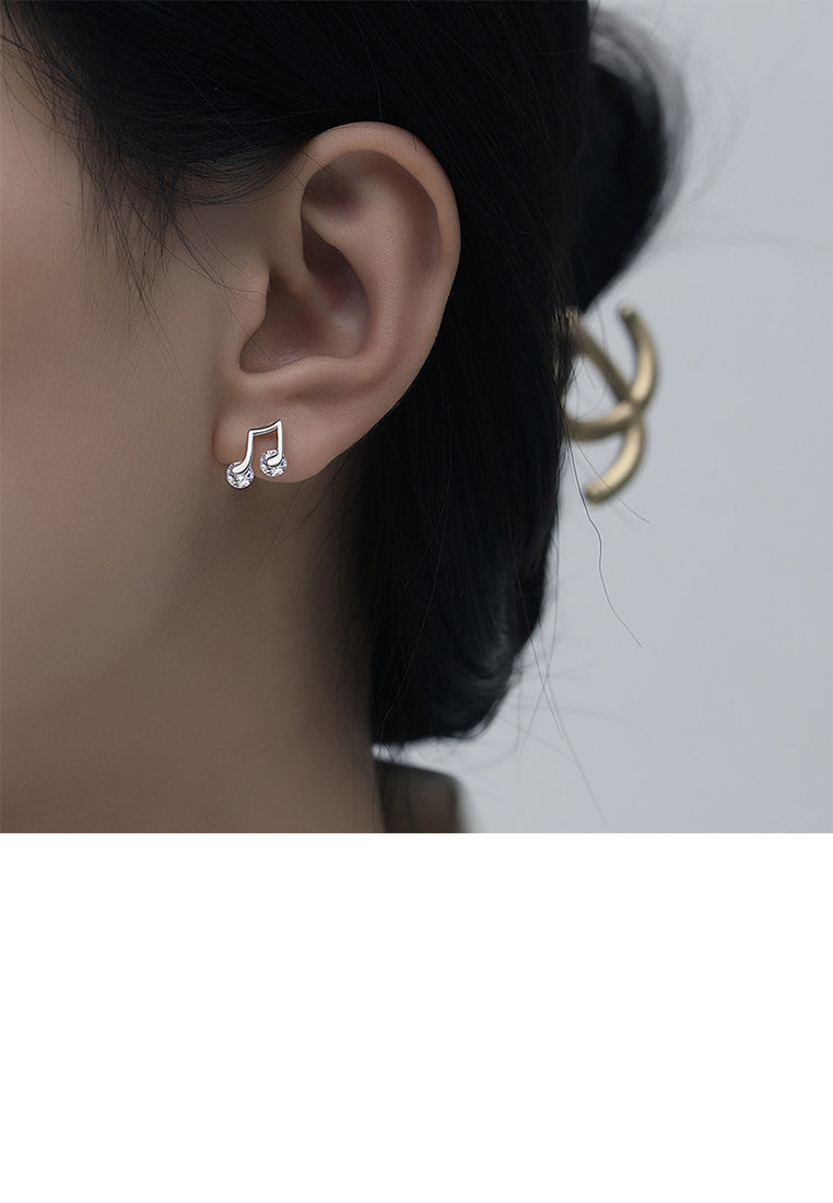925 Sterling Silver Fashion Simple Musical Note Asymmetrical Stud Earrings with Cubic Zirconia - Luxurious Look