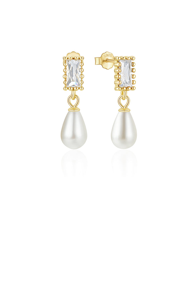 925 Sterling Silver Plated Gold Fashion and Elegant Water Drop-shaped Imitation Pearl Square Earrings with White Cubic Zirconia - Luxurious Look
