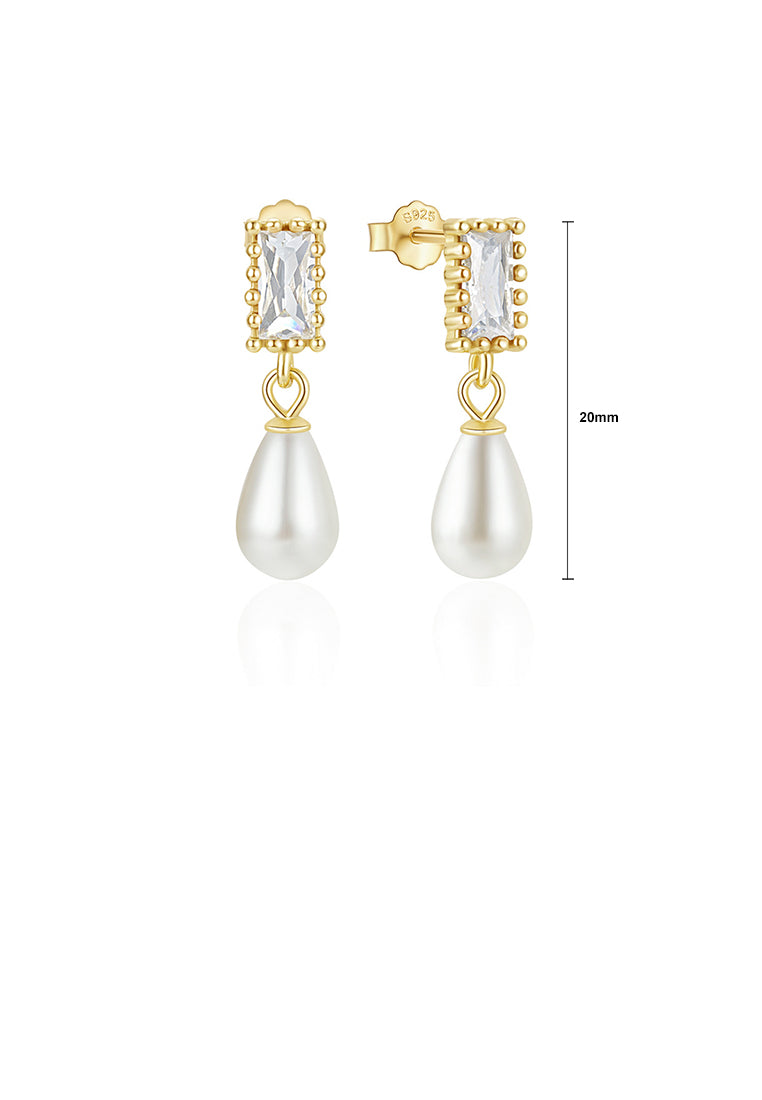 925 Sterling Silver Plated Gold Fashion and Elegant Water Drop-shaped Imitation Pearl Square Earrings with White Cubic Zirconia - Luxurious Look