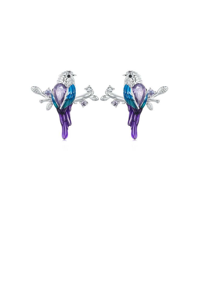 925 Sterling Silver Fashion Temperament Enamel Bird Stud Earrings with Cubic Zirconia - Luxurious Look