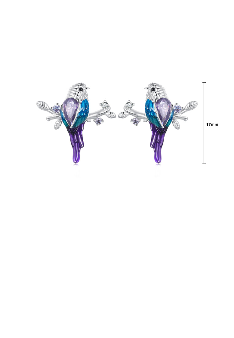 925 Sterling Silver Fashion Temperament Enamel Bird Stud Earrings with Cubic Zirconia - Luxurious Look