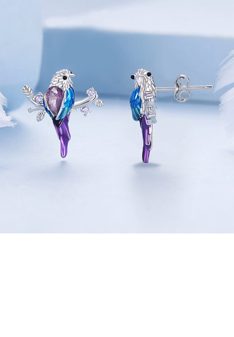 925 Sterling Silver Fashion Temperament Enamel Bird Stud Earrings with Cubic Zirconia - Luxurious Look