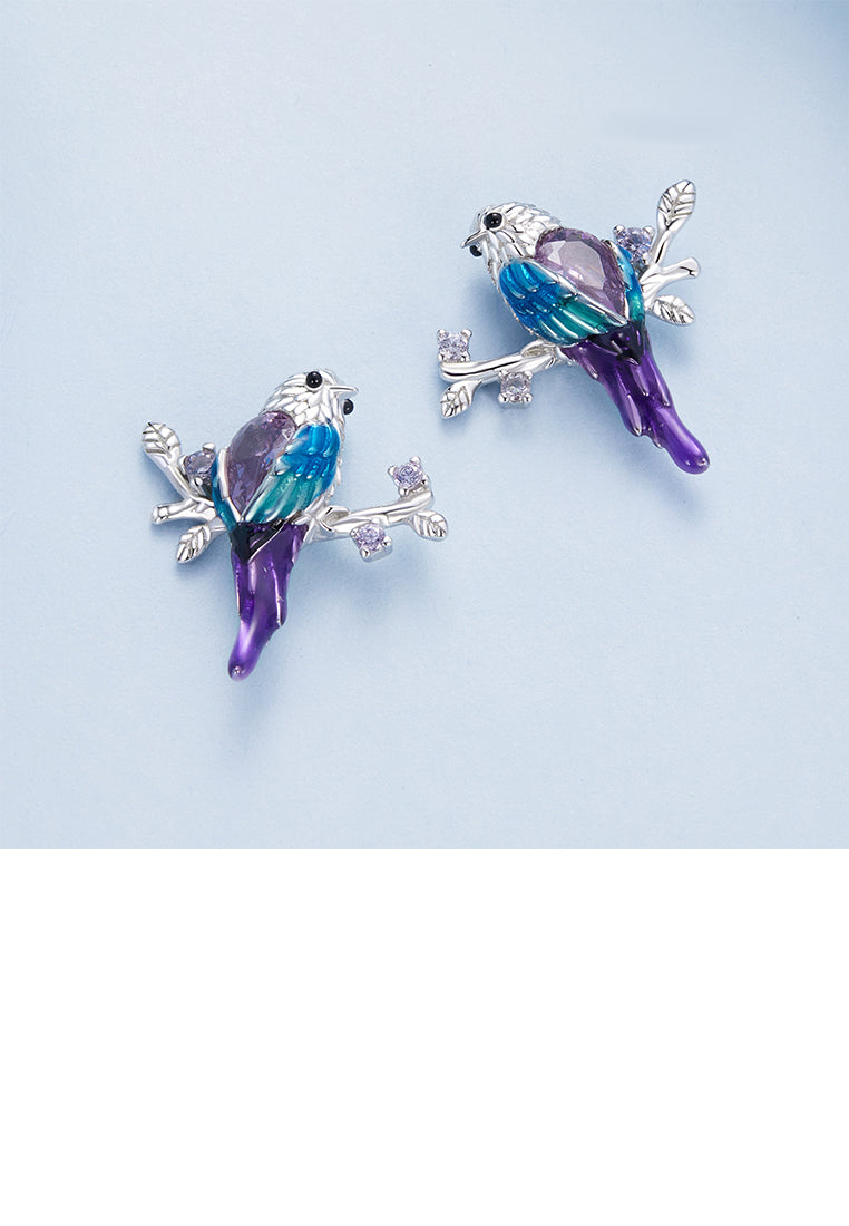 925 Sterling Silver Fashion Temperament Enamel Bird Stud Earrings with Cubic Zirconia - Luxurious Look