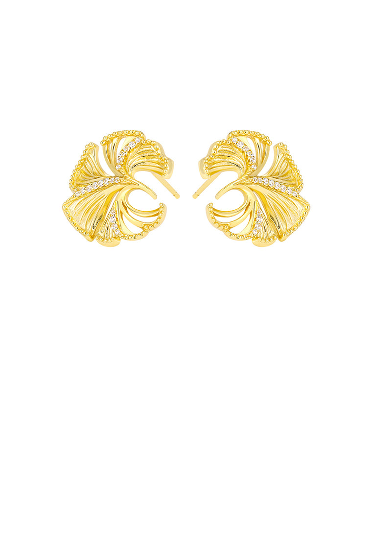 925 Sterling Silver Plated Gold Fashion Simple Ginkgo Leaf Stud Earrings with Cubic Zirconia - Luxurious Look