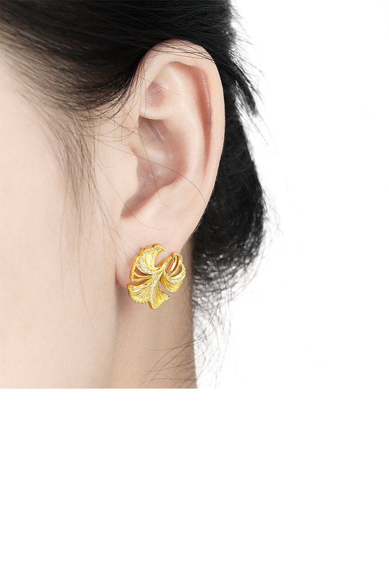925 Sterling Silver Plated Gold Fashion Simple Ginkgo Leaf Stud Earrings with Cubic Zirconia - Luxurious Look