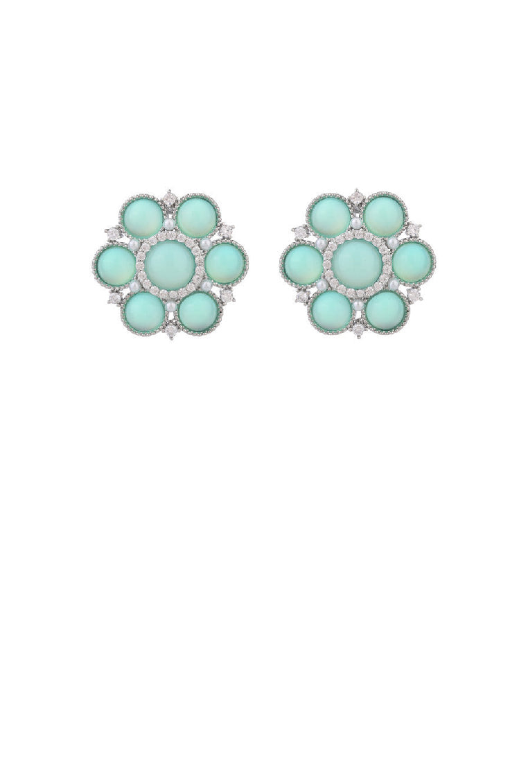 Simple Vintage Green Flower Imitation Opal Stud Earrings with Cubic Zirconia - Luxurious Look