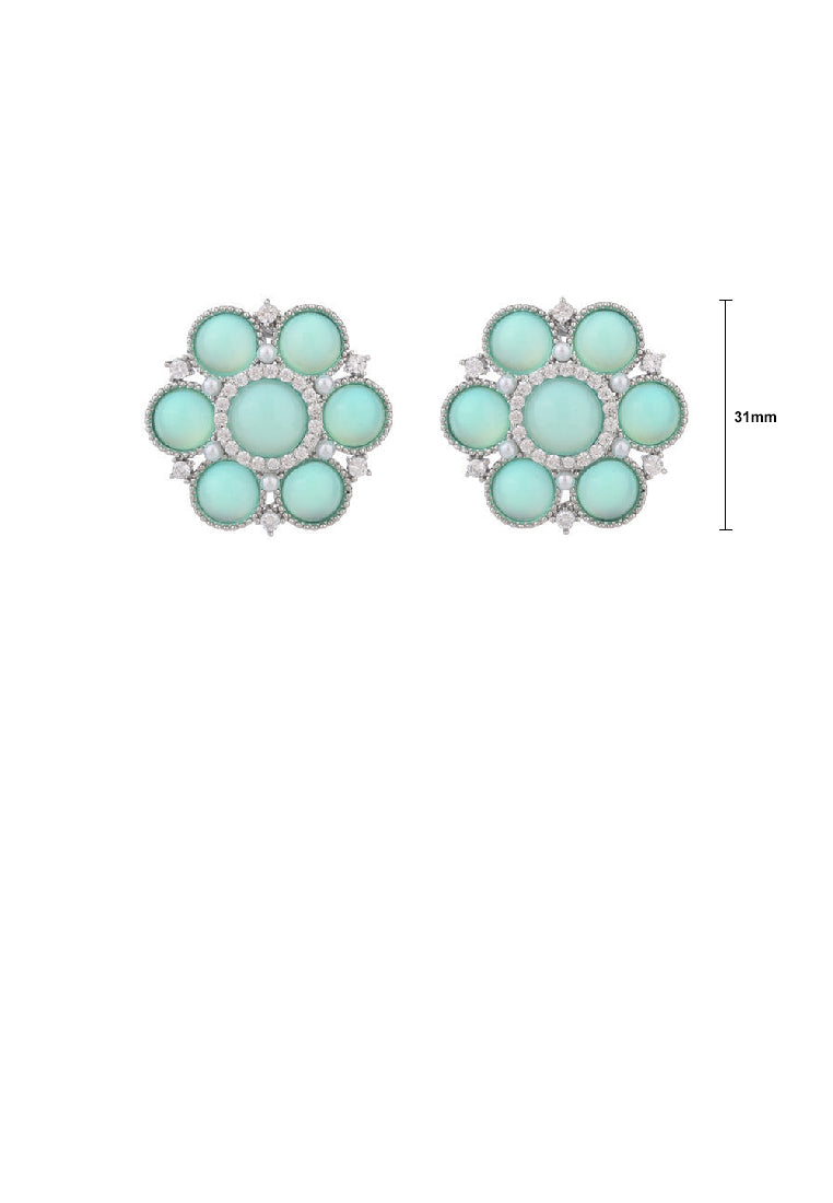 Simple Vintage Green Flower Imitation Opal Stud Earrings with Cubic Zirconia - Luxurious Look