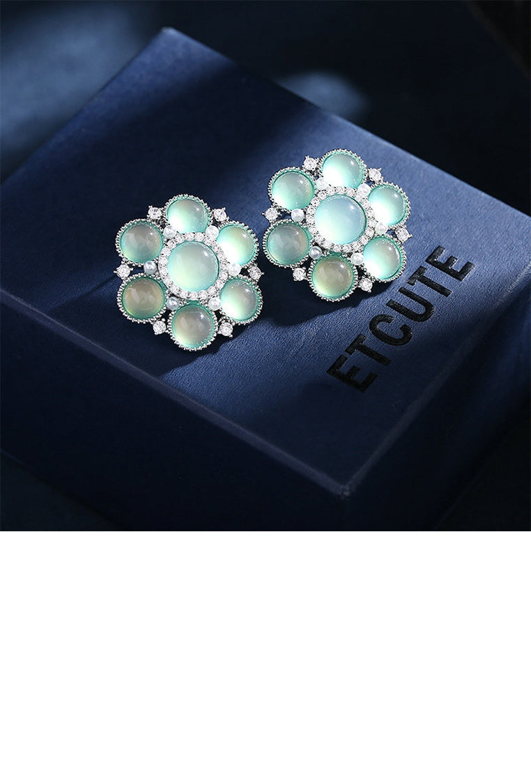 Simple Vintage Green Flower Imitation Opal Stud Earrings with Cubic Zirconia - Luxurious Look