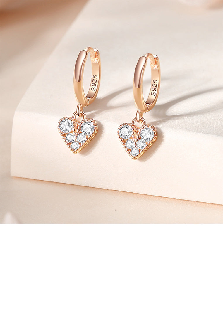 925 Sterling Silver Plated Rose Gold Simple Cute Heart Shape Earrings with Cubic Zirconia - Luxurious Look