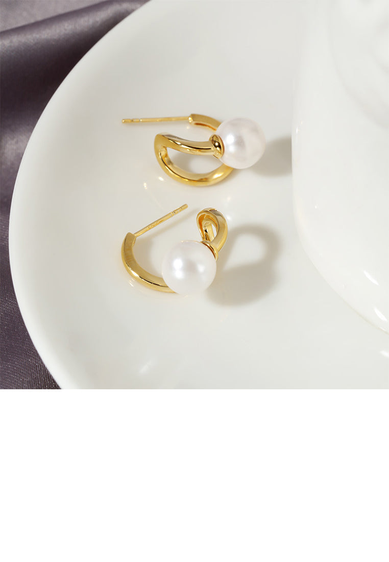 925 Sterling Silver Plated Gold Fashion and Elegant Geometric Imitation Pearl Stud Earrings - Luxurious Look